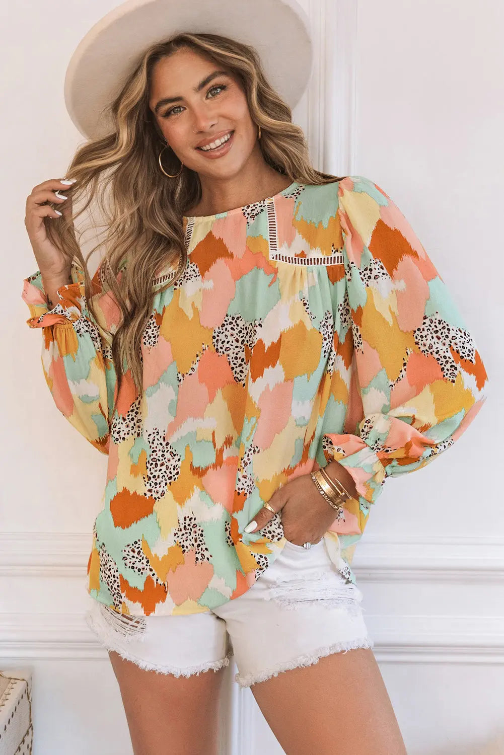 Boho Frill Multicolor Abstract Print Long Sleeve Blouse - ThingsWeUseAndLove 
