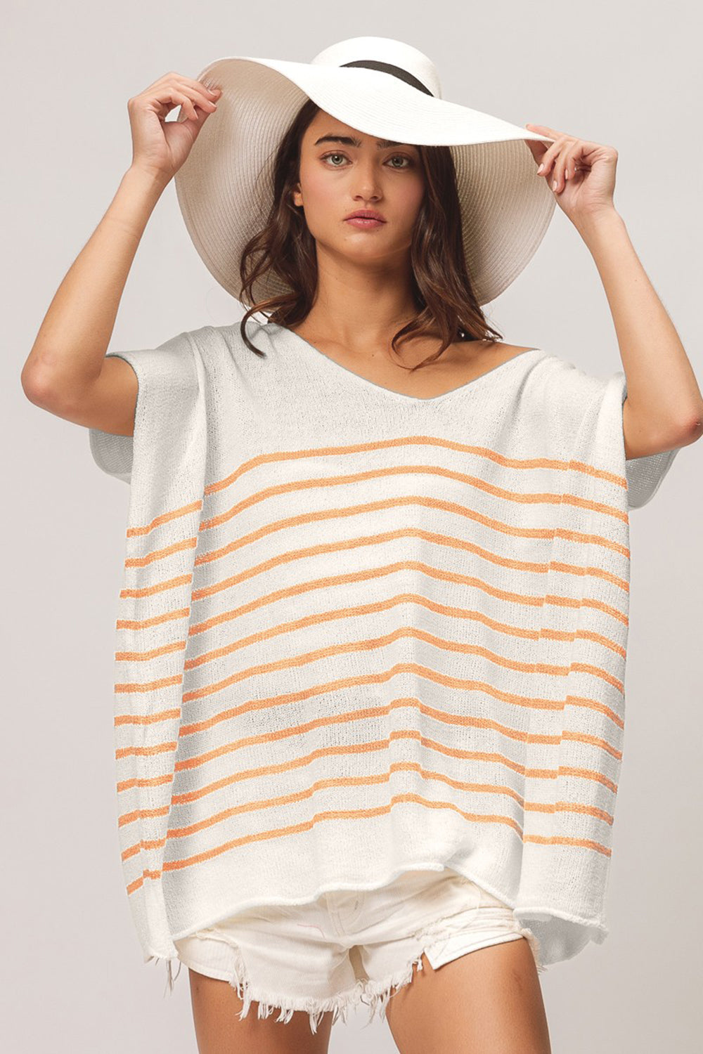 BiBi V Neck Striped Short Sleeve Top - ThingsWeUseAndLove Apricot-XL