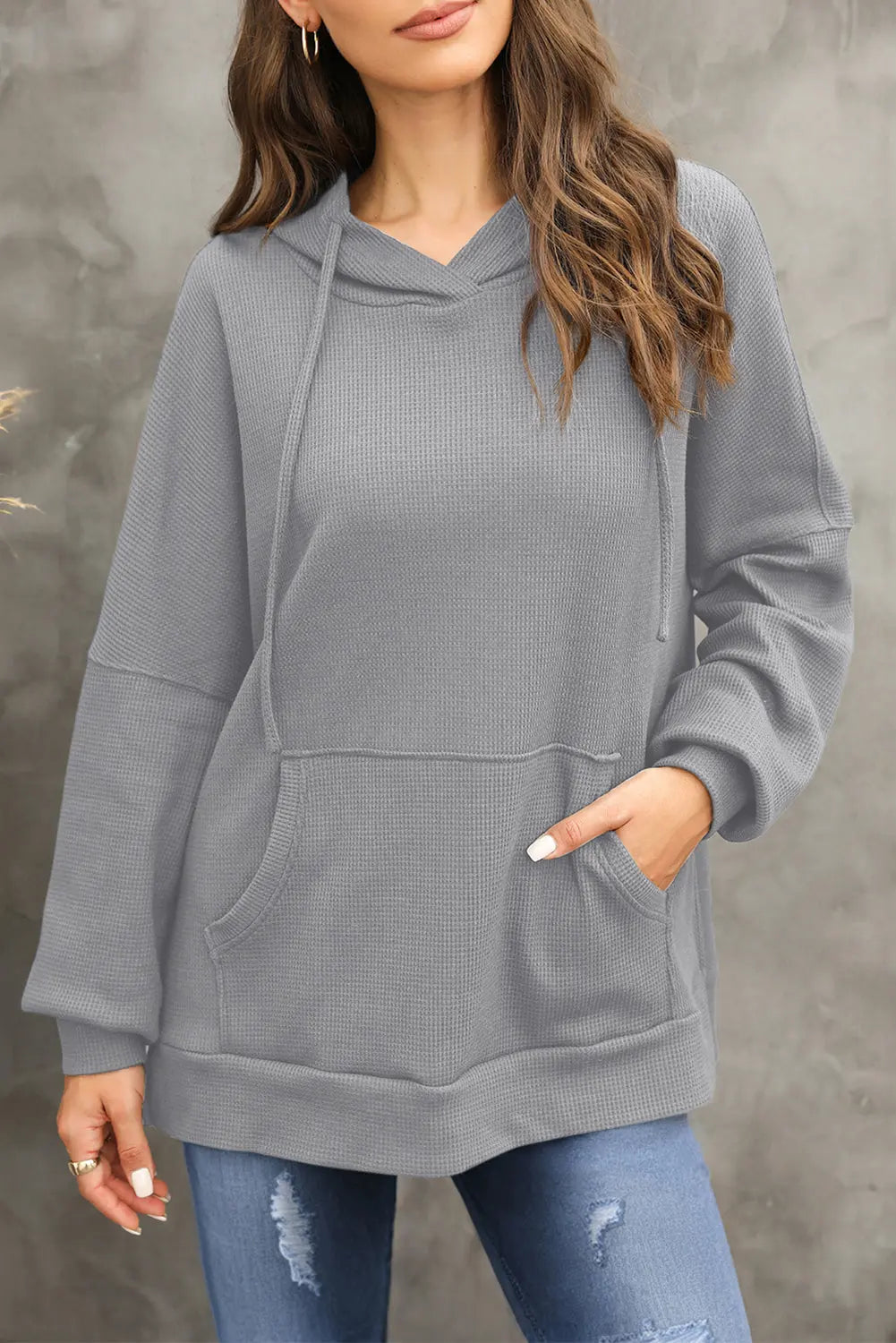 Isabella Waffle-Knit Long Sleeve Hoodie - ThingsWeUseAndLove Dark-Gray-2XL