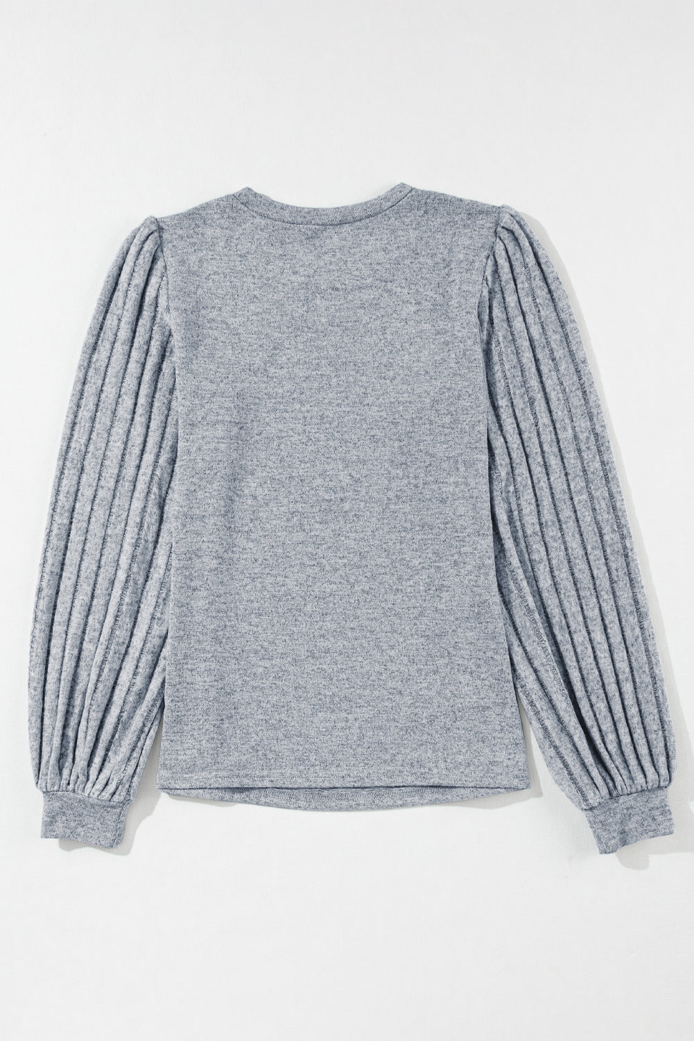 Gray Solid Color Contrast Ribbed Bishop Sleeve Top - ThingsWeUseAndLove 