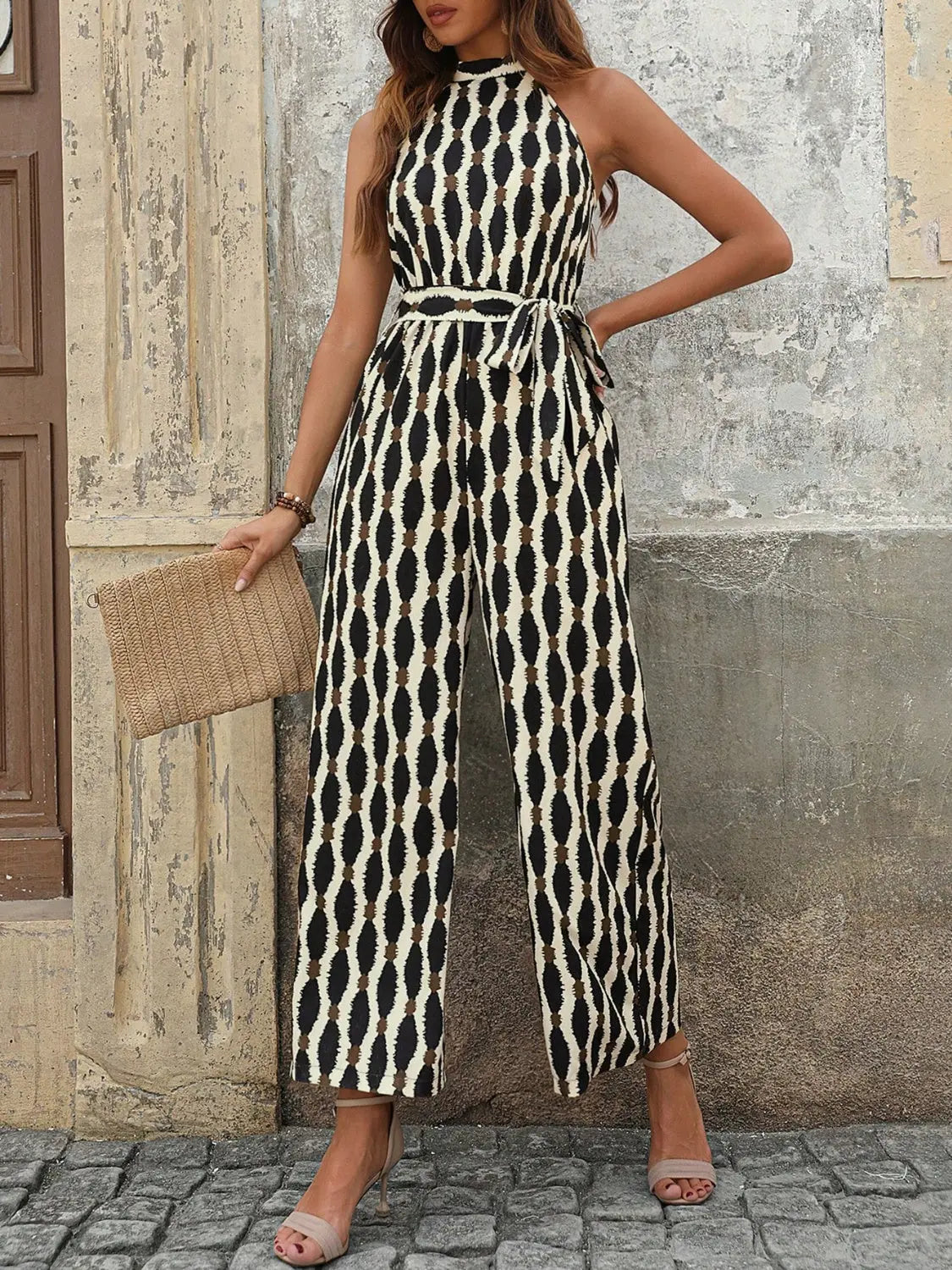 Grecian Neck Tied Printed Jumpsuit - ThingsWeUseAndLove Cream-XL