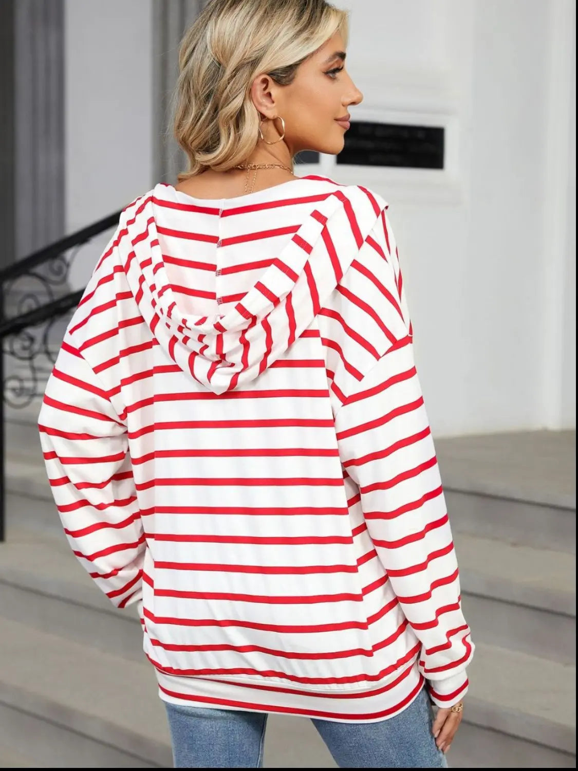 Drawstring Striped Long Sleeve Hoodie - ThingsWeUseAndLove 