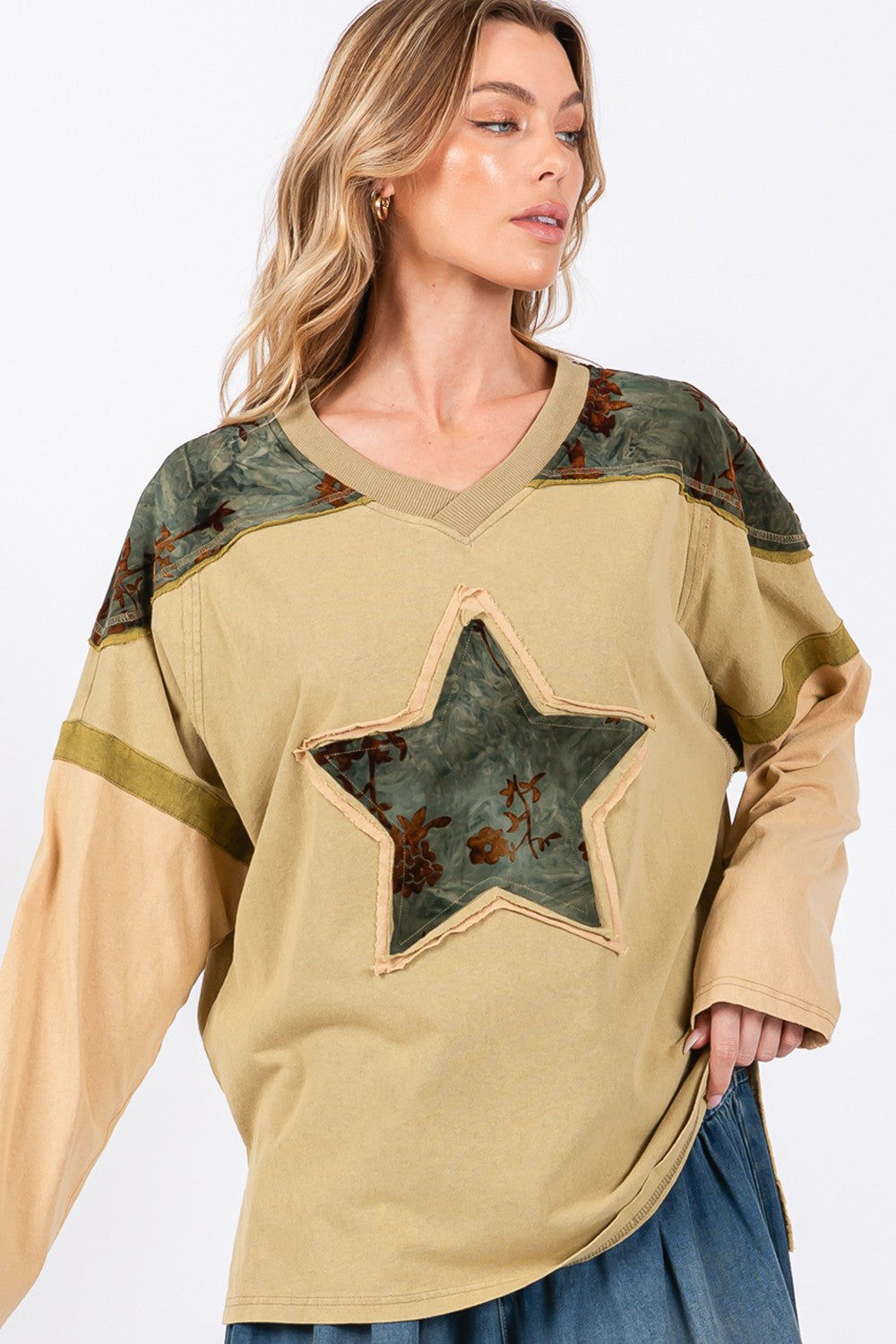 Star Patch Long Sleeve Color Block T-Shirt - ThingsWeUseAndLove 