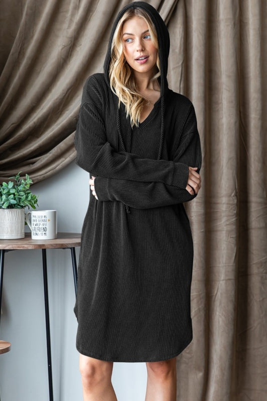 Inara Ribbed Long Sleeve Hooded Dress - ThingsWeUseAndLove Black-L