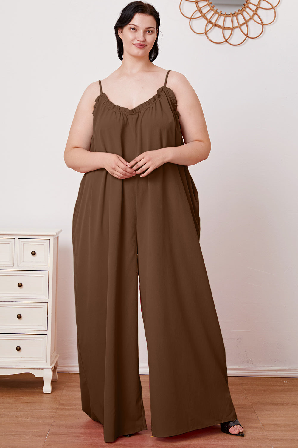Double Take Full Size Ruffle Trim Tie Back Cami Jumpsuit with Pockets - ThingsWeUseAndLove 