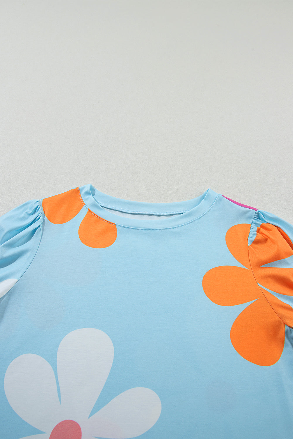 Sky Blue Flower Print Bubble Sleeve Tee - ThingsWeUseAndLove 