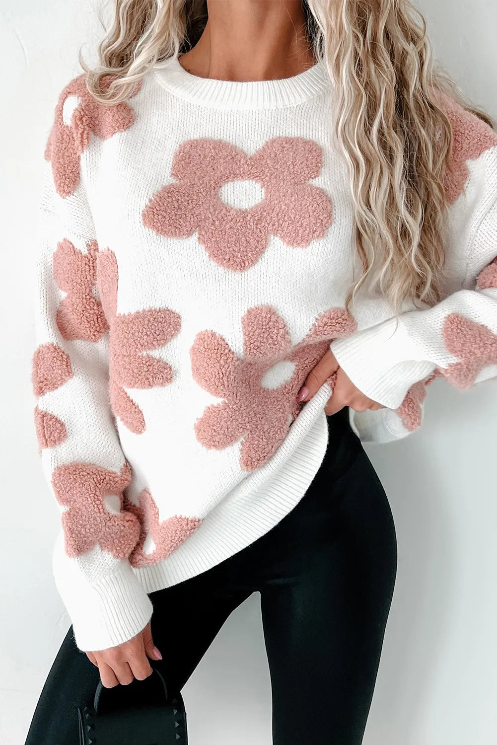 Ava Round Neck Long Sleeve Flower Knit Top - ThingsWeUseAndLove 