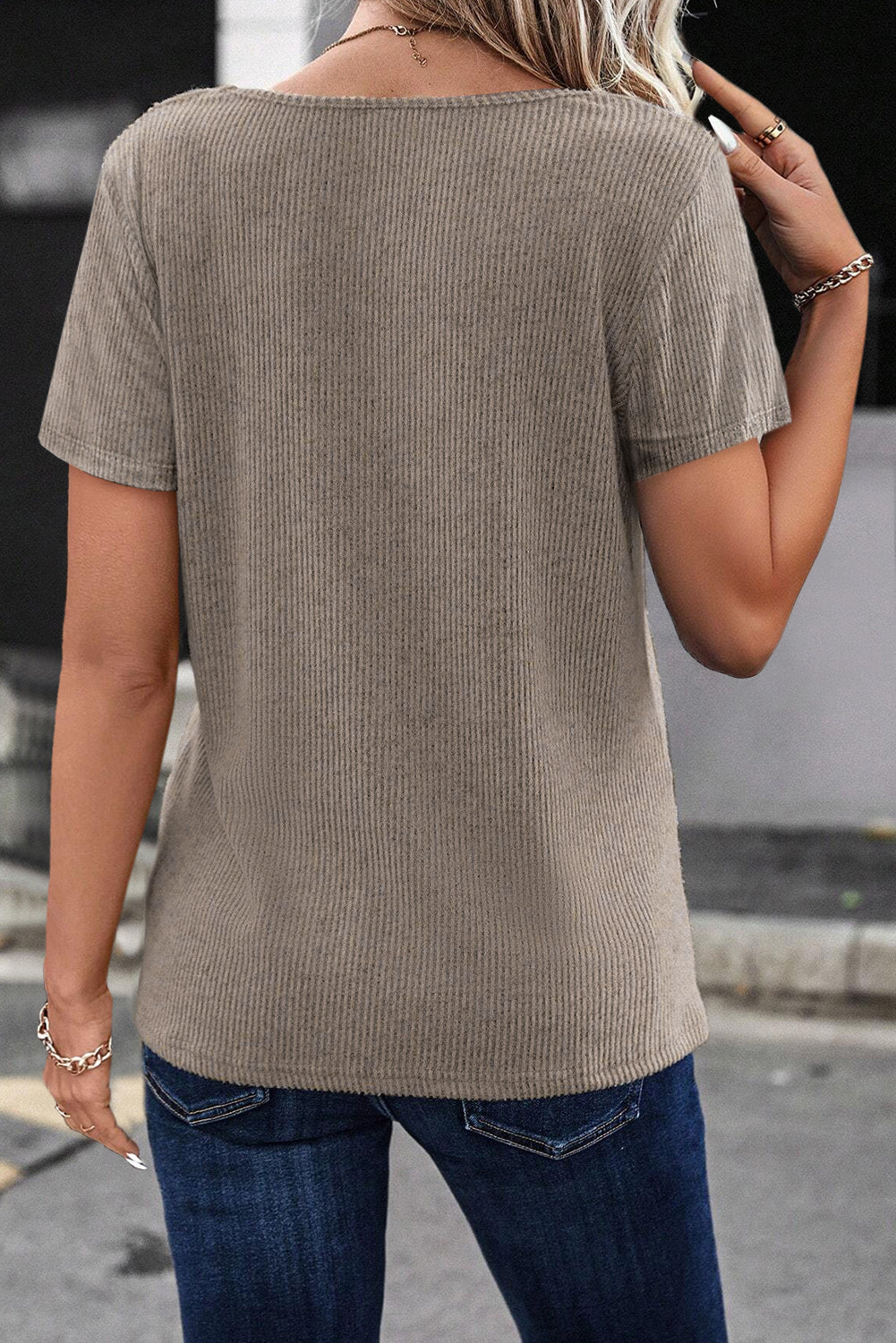 Button Strappy V Neck Plain Ribbed Tee - ThingsWeUseAndLove 