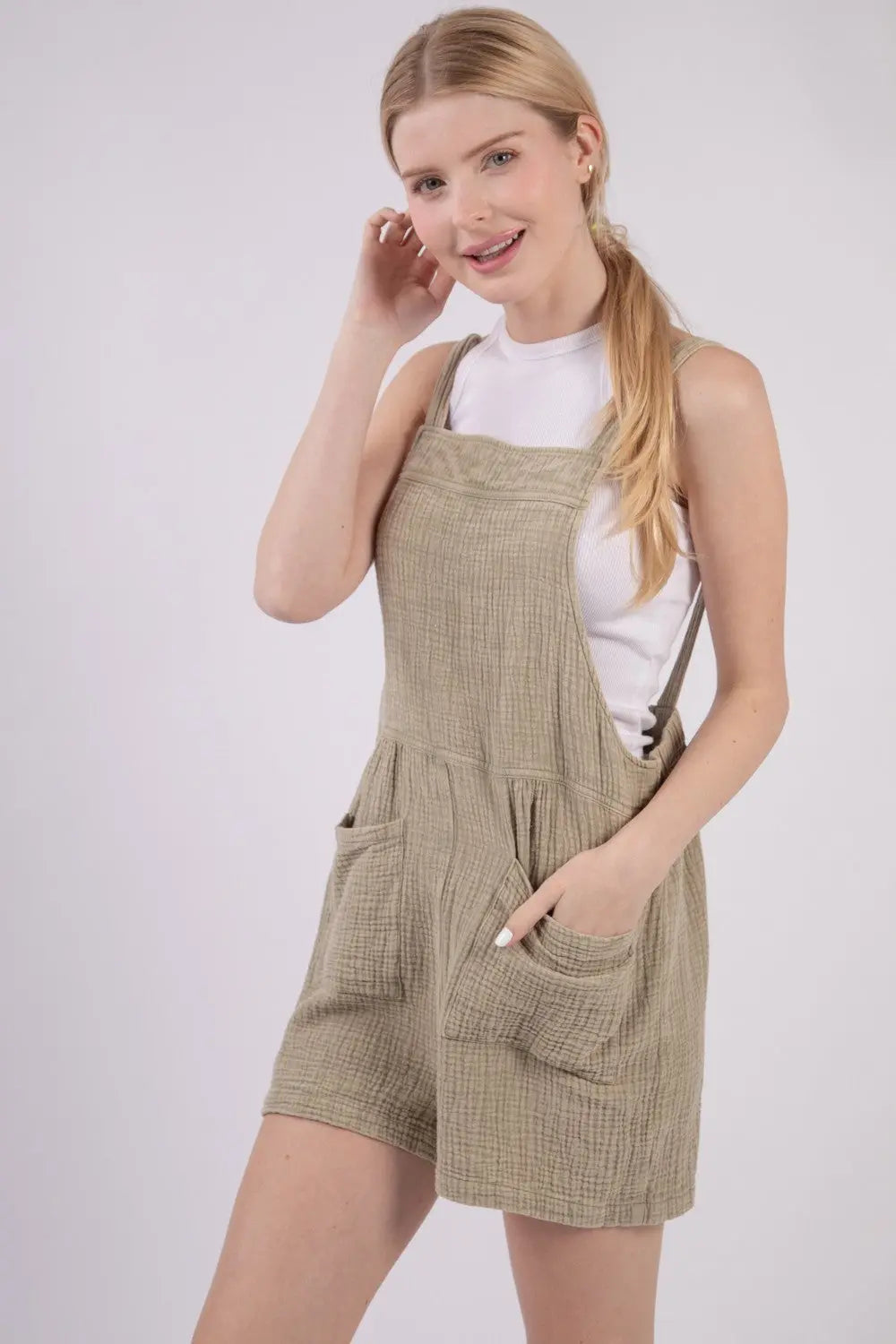 Sylvia Sleeveless Double Gauze Overalls with Pockets - ThingsWeUseAndLove 