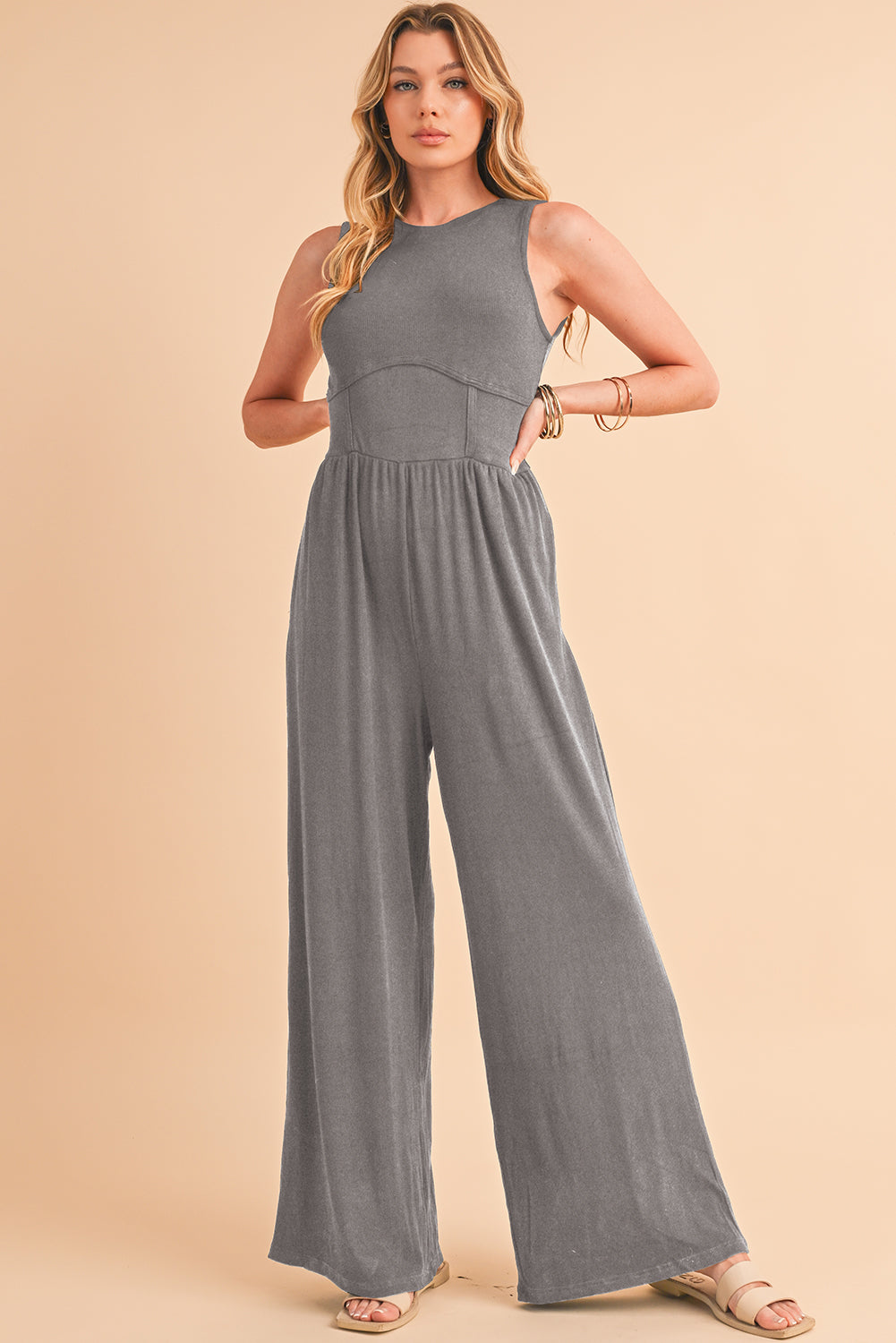 Blackish Green Sleeveless High Waist Wide Leg Jumpsuit - ThingsWeUseAndLove Medium-Grey-3XL