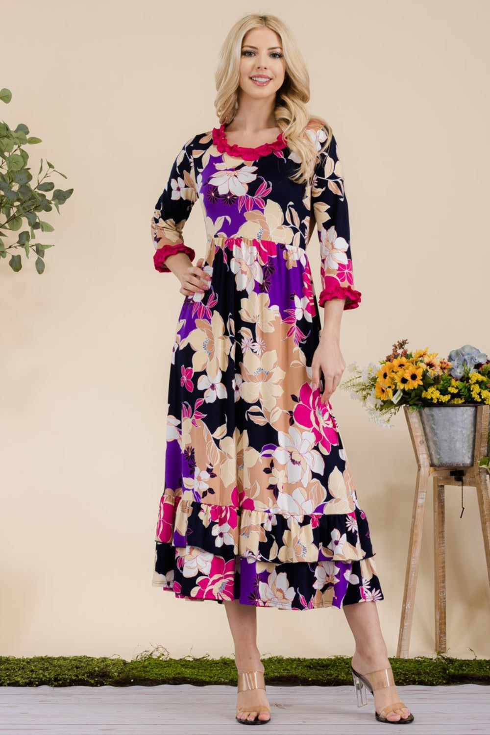 Floral Ruffled Midi Dress - ThingsWeUseAndLove Navy-Fuchsia-Floral-3XL