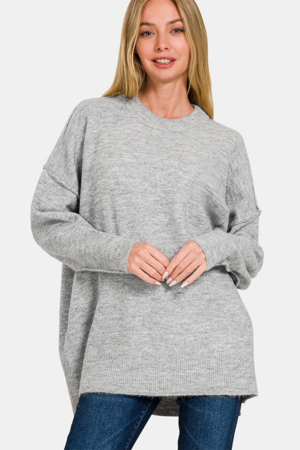 Cozy High-Low Hem Drop Shoulder Sweater - ThingsWeUseAndLove Grey-L-XL