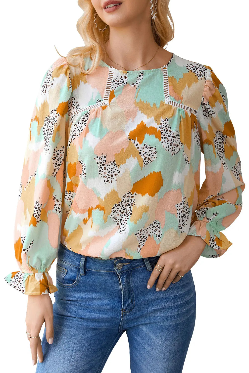 Boho Frill Multicolor Abstract Print Long Sleeve Blouse - ThingsWeUseAndLove 