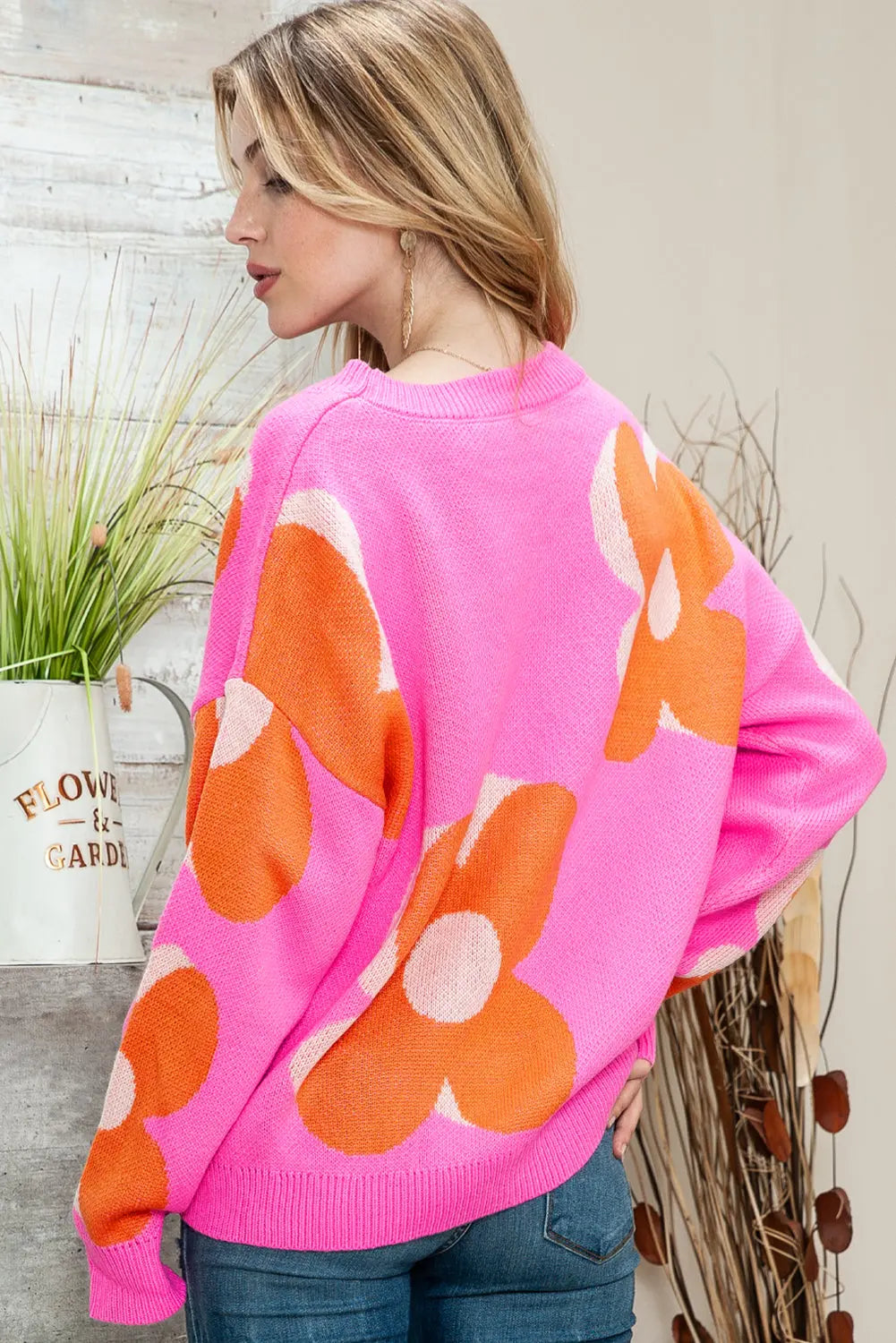 Pink & Orange 60s Floral Cable Knitted Sweater - ThingsWeUseAndLove 