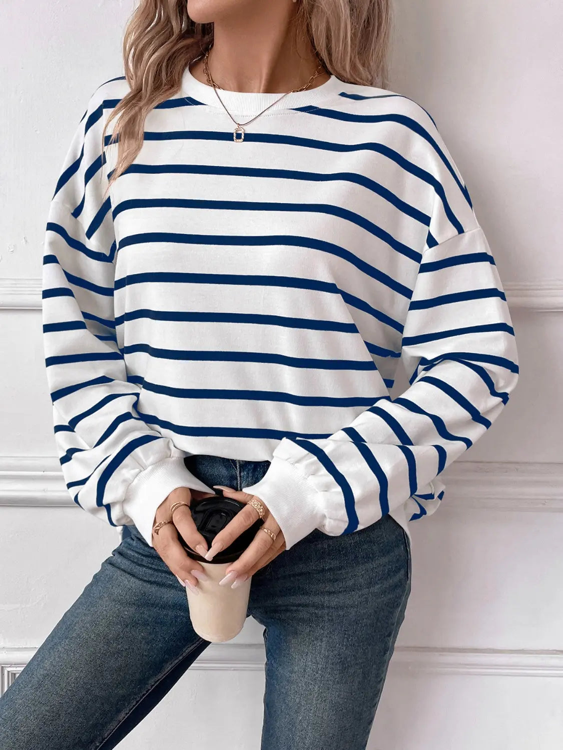 Leslie Striped Round Neck Long Sleeve Sweatshirt - ThingsWeUseAndLove 