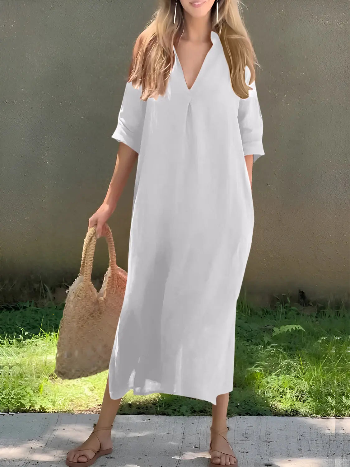 Symone Size Inclusive Notched Half Sleeve Midi Dress - ThingsWeUseAndLove 