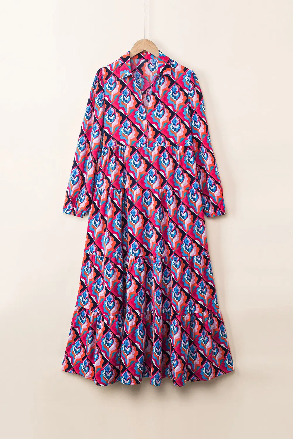 Notch Neck Tiered Multicolor Abstract Geometric Print Boho Dress - ThingsWeUseAndLove 