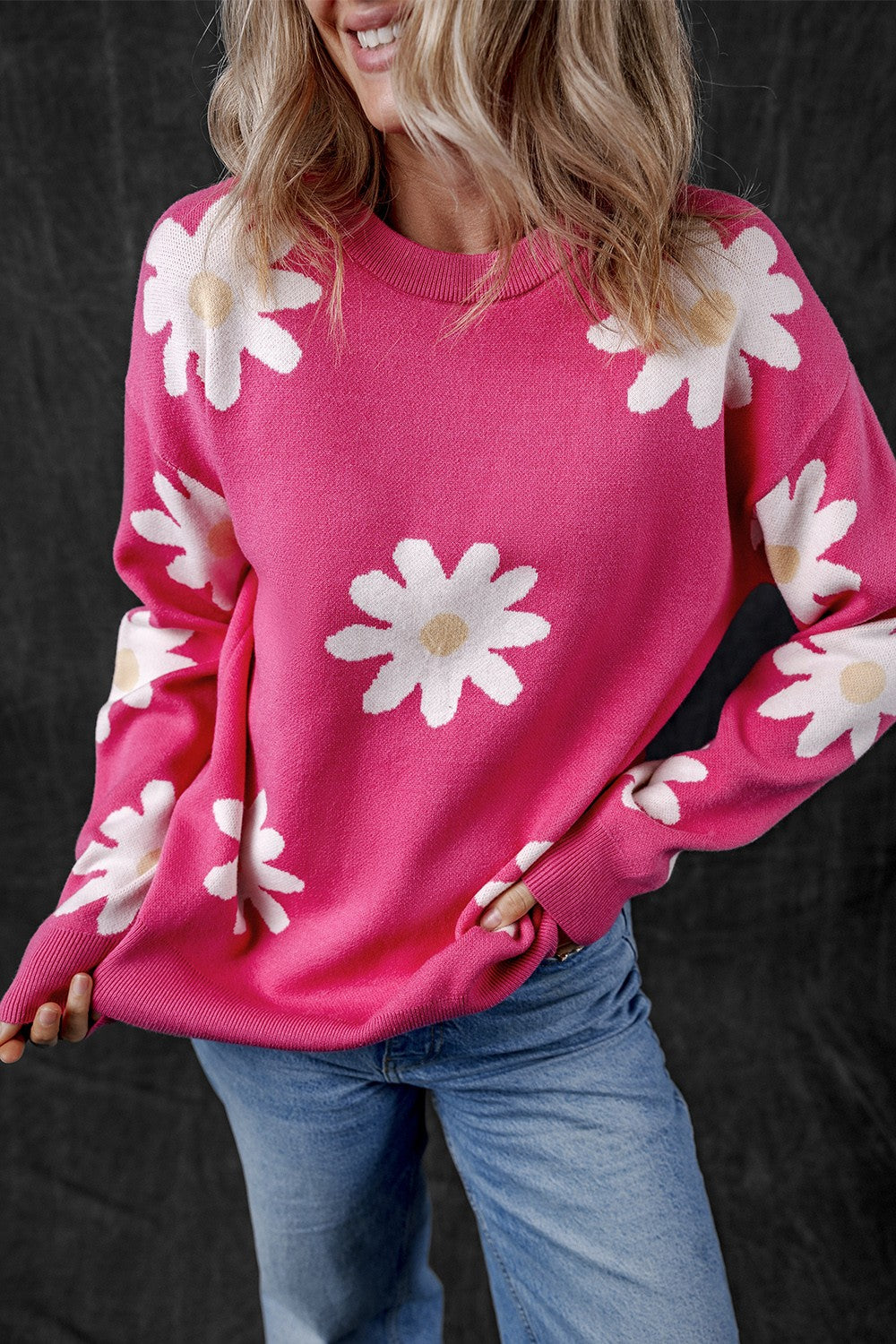 Daisy Round Neck Dropped Shoulder Sweater - ThingsWeUseAndLove 