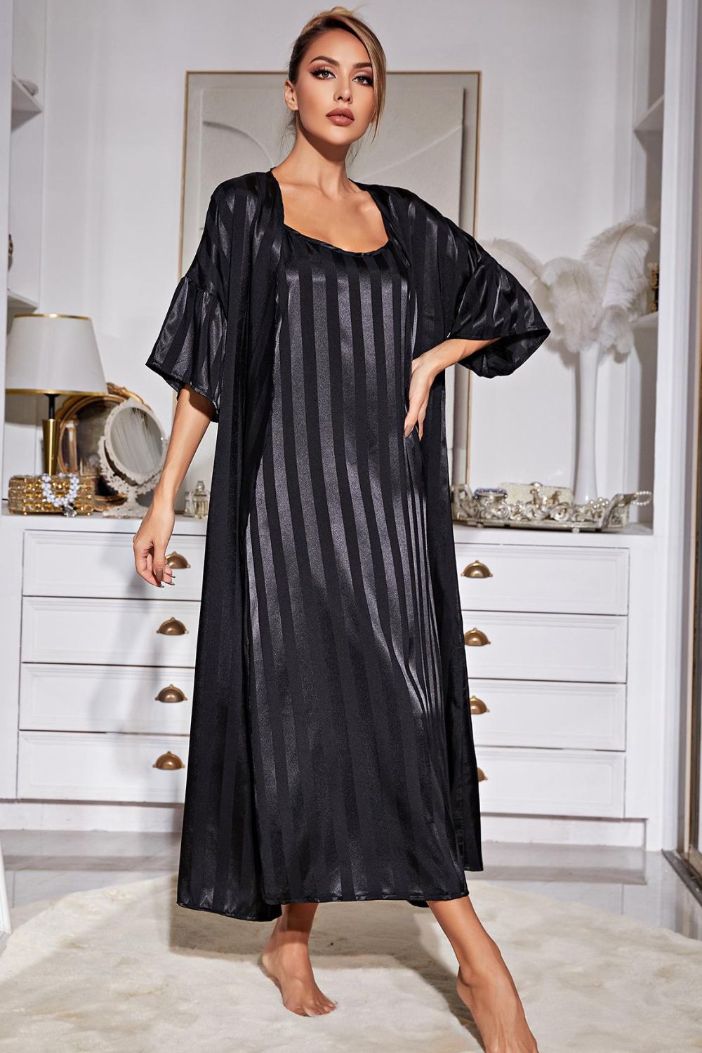 Sweet Dreams Striped Open Front Robe and Cami Dress Set - ThingsWeUseAndLove 