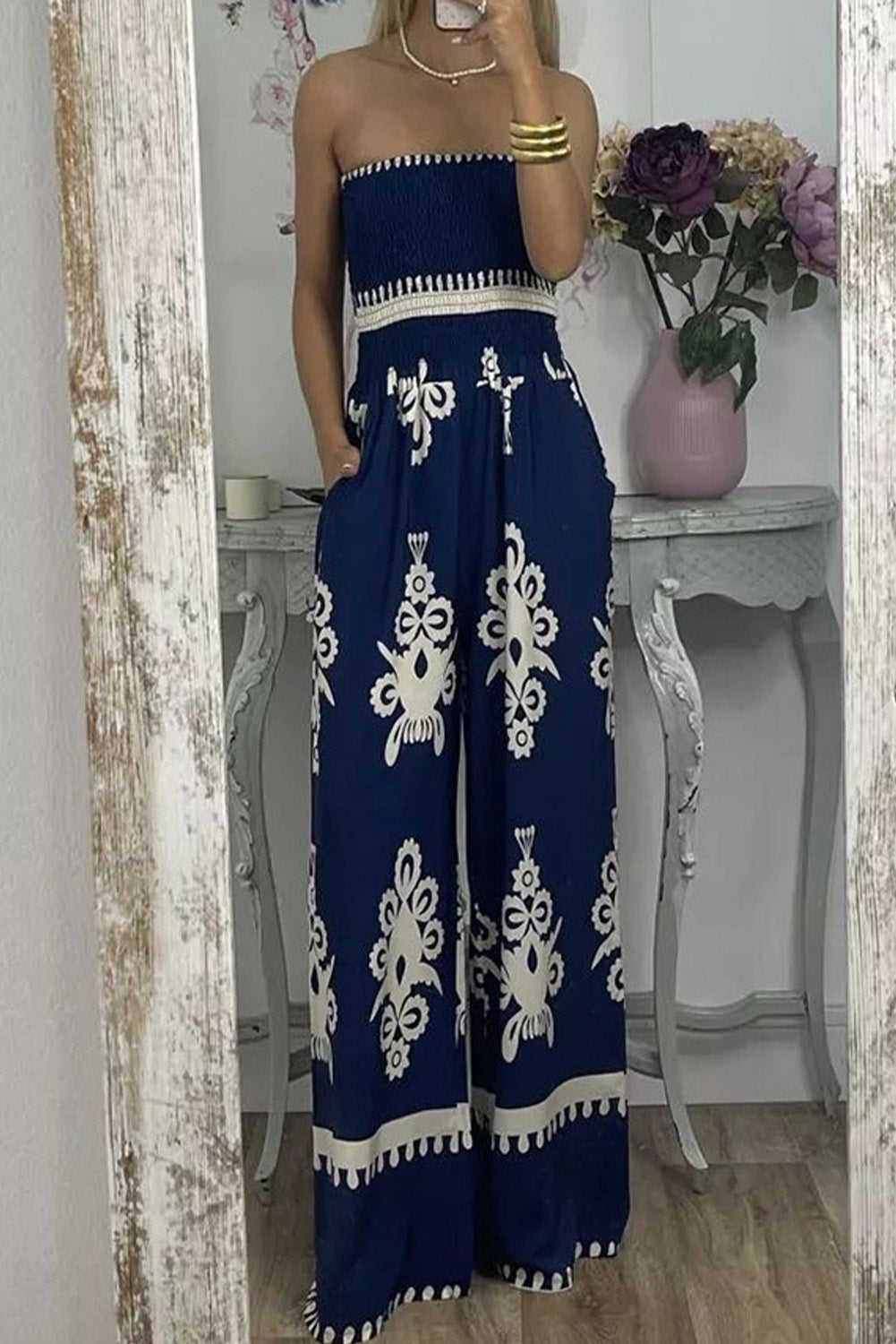 Blue Boho Print High Waist Wide Leg Jumpsuit - ThingsWeUseAndLove Blue-XL