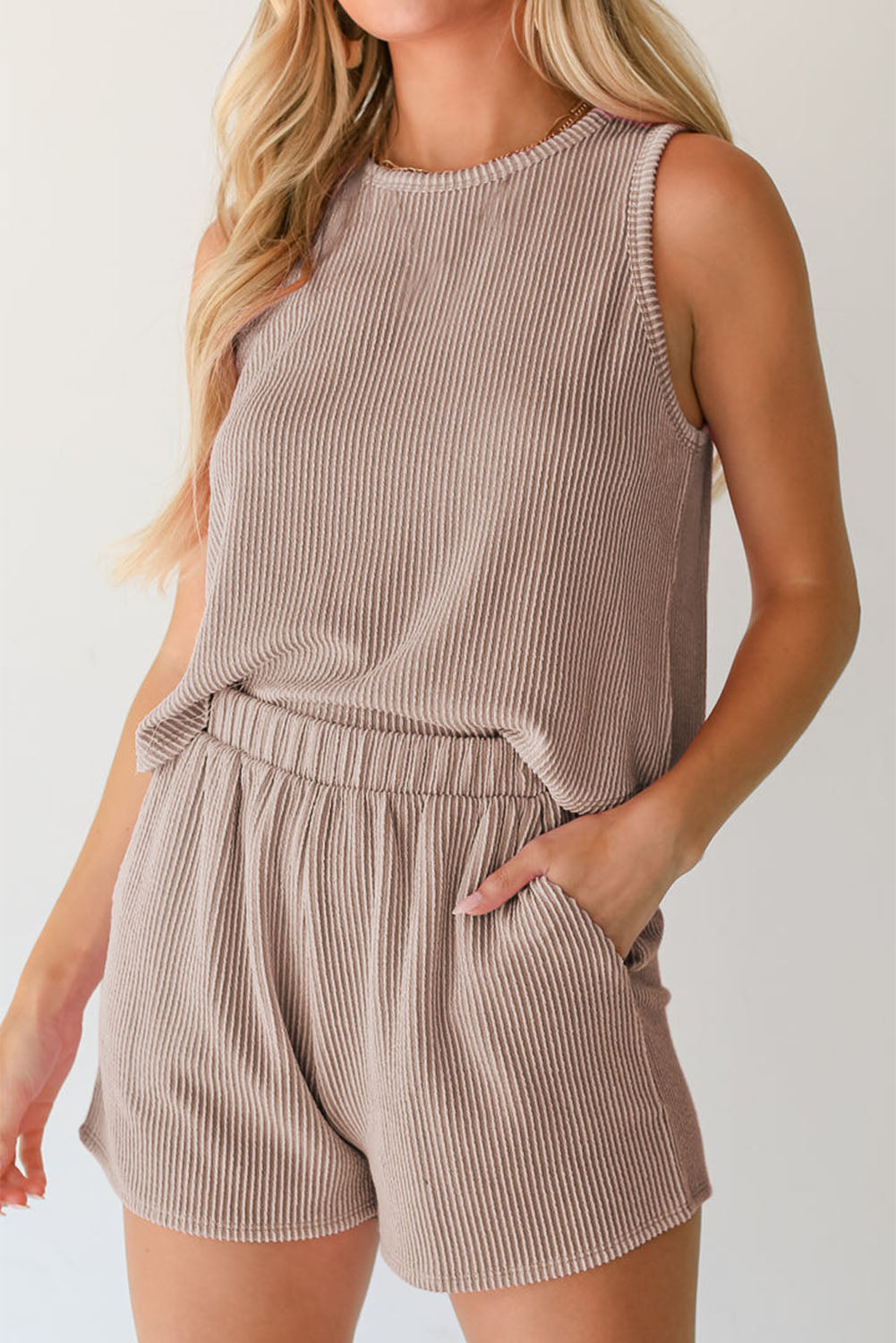 Smoke Gray Corded Sleeveless Top and Pocketed Shorts Set - ThingsWeUseAndLove 