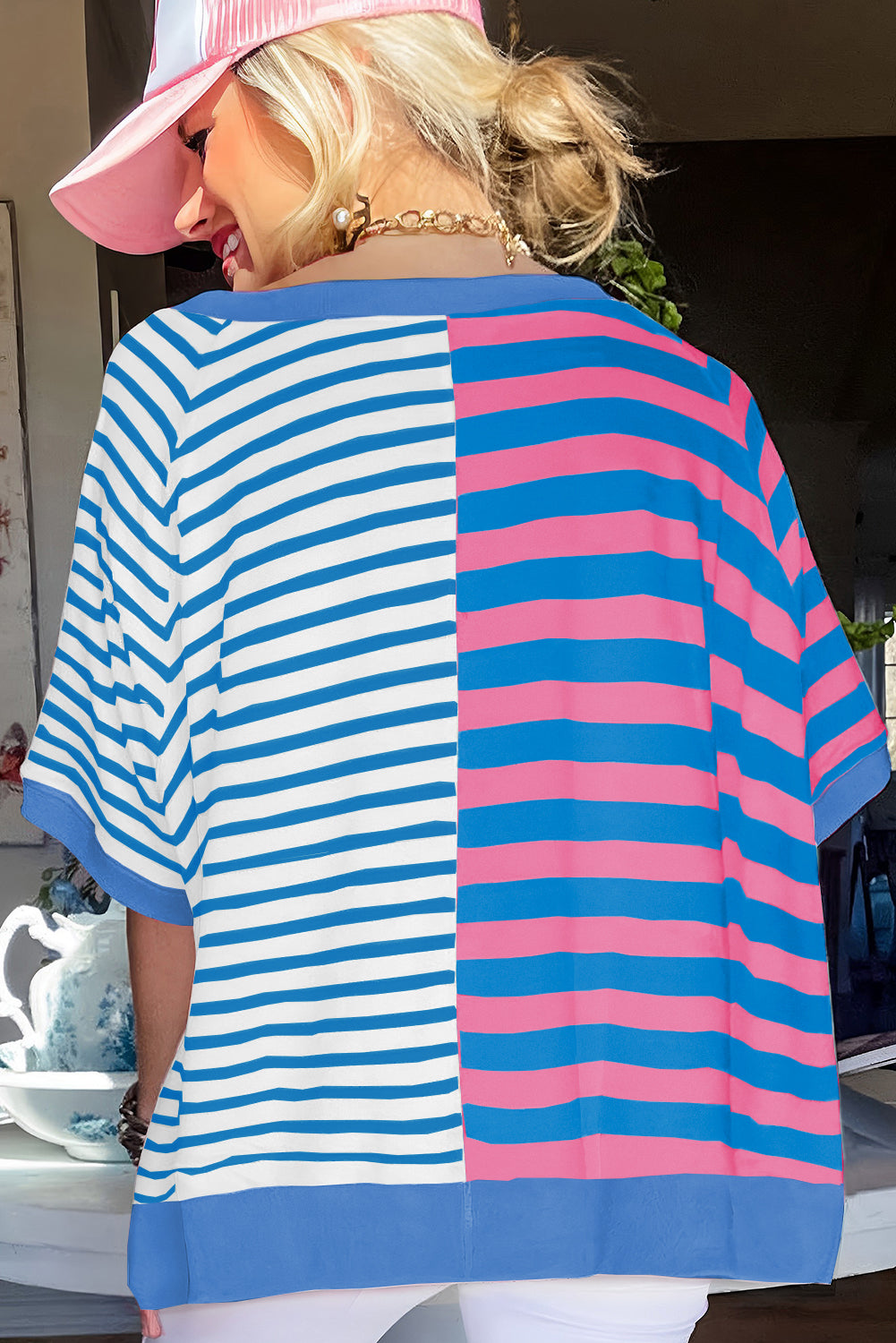 Pink Stripe Contrast Patchwork Oversized T Shirt - ThingsWeUseAndLove 