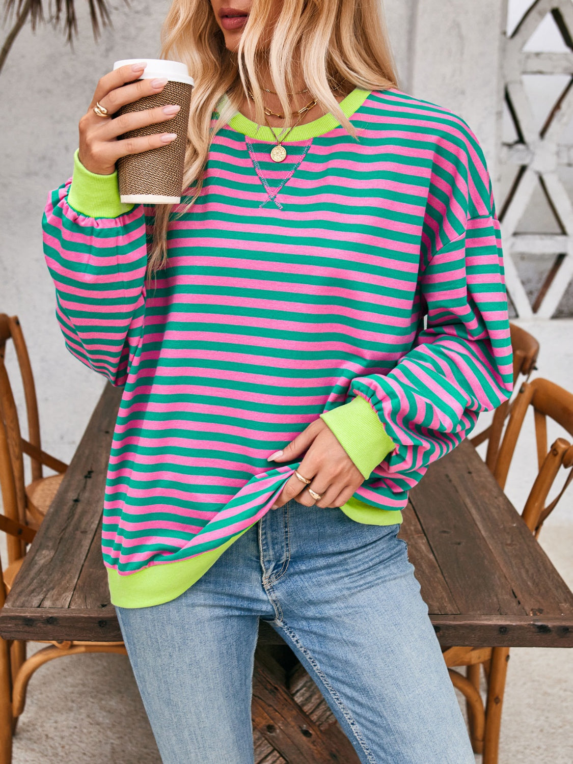 Aviana Contrast Striped Long Sleeve Sweatshirt - ThingsWeUseAndLove 