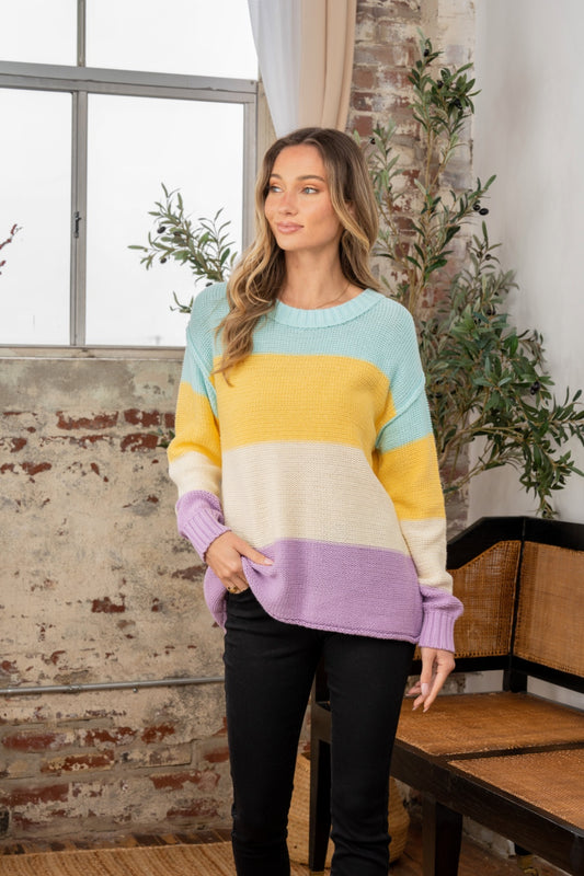 Color Block Yellow/Lilac Exposed Seam Sweater - ThingsWeUseAndLove 