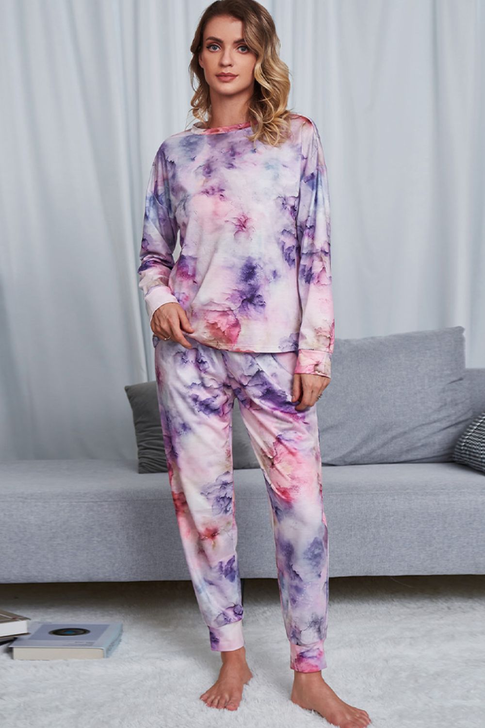 Tie-Dye Crewneck Top and Drawstring Waist Joggers Lounge Set - ThingsWeUseAndLove Pink-Purple-XL