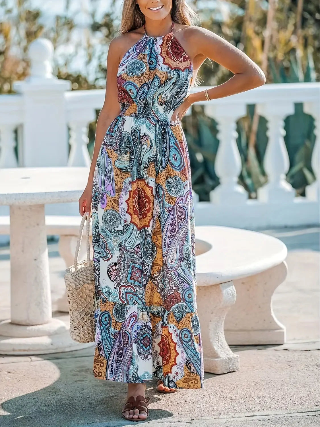 Halter Neck Printed Maxi Dress - ThingsWeUseAndLove 