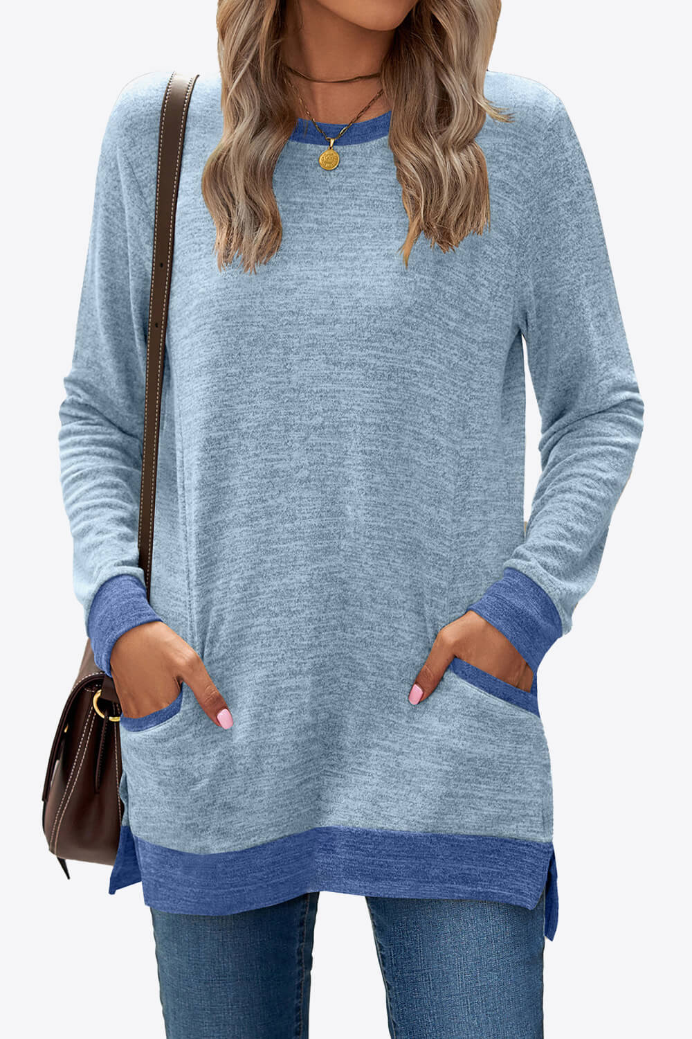 Heathered Slit Top with Pockets - ThingsWeUseAndLove Sky-Blue-2XL