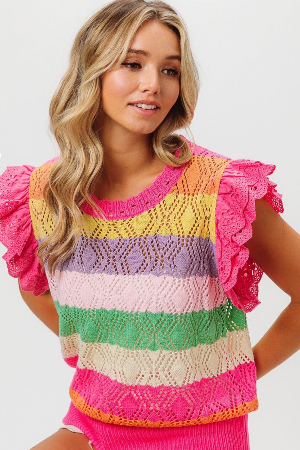 Rainbow  Striped Ruffled Knit Top - ThingsWeUseAndLove 