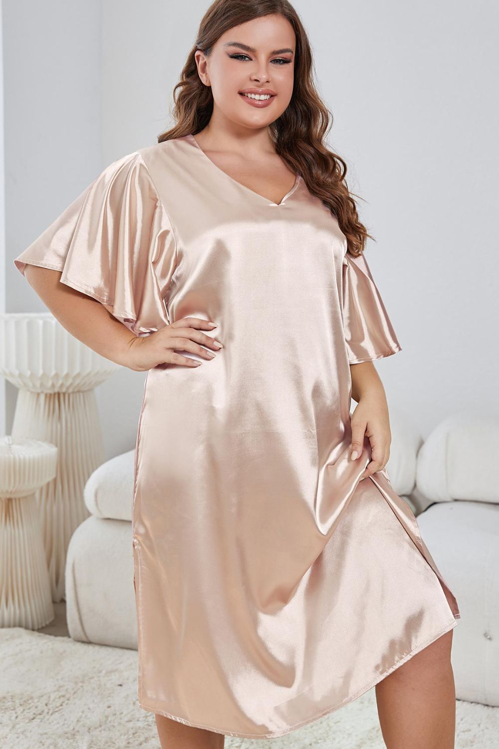 Emmie Size Inclusive  Flutter Sleeve V-Neck Side Slit Night Gown - ThingsWeUseAndLove Blush-Pink-4XL