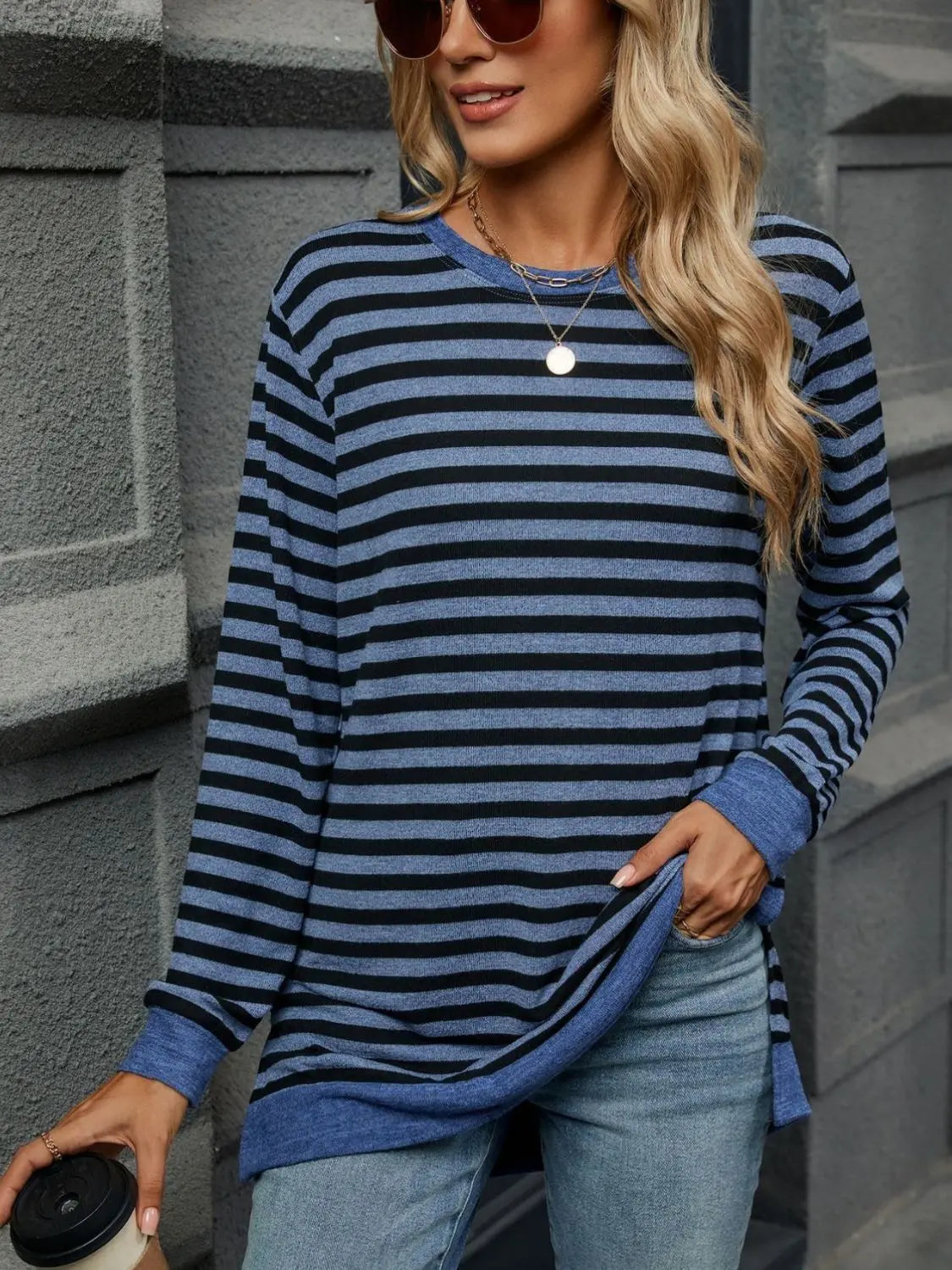 Striped Round Neck Long Sleeve T-Shirt - ThingsWeUseAndLove 