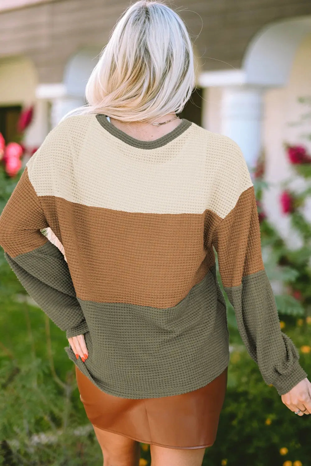 Shannon Waffle-Knit Color Block Round Neck Long Sleeve Blouse - ThingsWeUseAndLove 