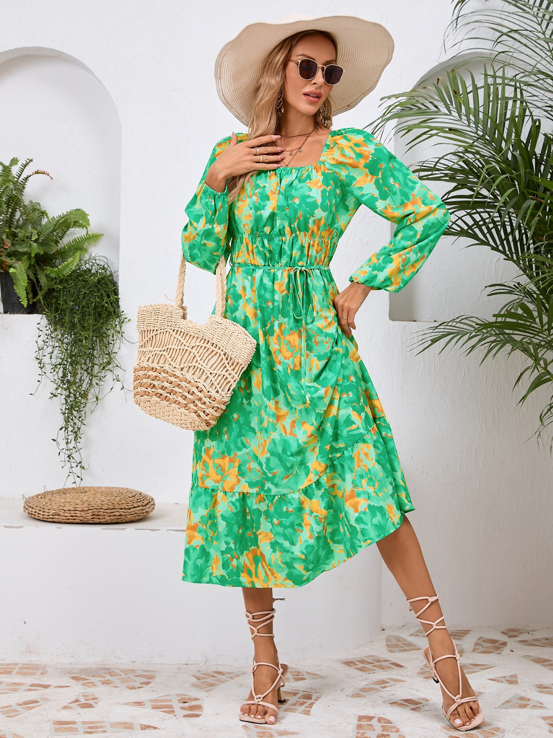 Edite Long Sleeve Printed  Midi Dress - ThingsWeUseAndLove Green-2XL