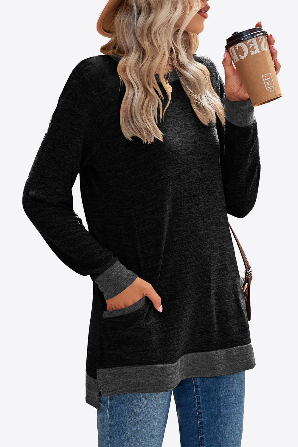 Heathered Slit Top with Pockets - ThingsWeUseAndLove 