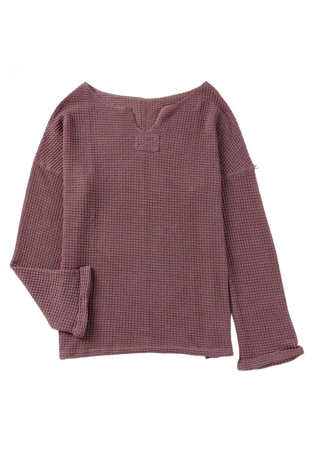 Split V Neck Drop Shoulder Waffle Knit Long Sleeve Top - ThingsWeUseAndLove 