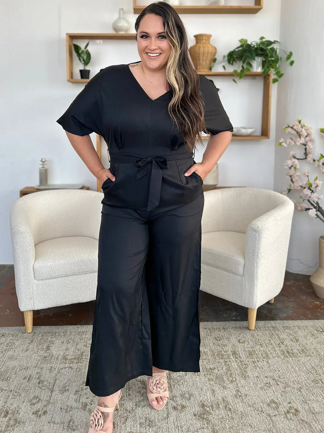 Size Inclusive V-Neck Tied Side Slit Jumpsuit - ThingsWeUseAndLove 