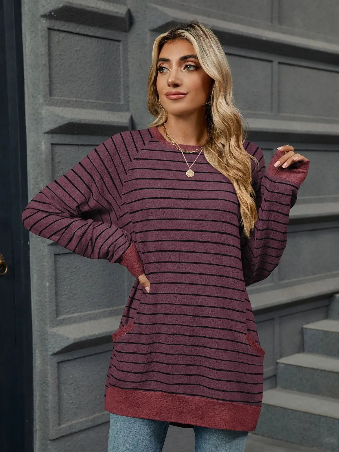 Round Neck Long Sleeve Pocketed Striped Sweater - ThingsWeUseAndLove 