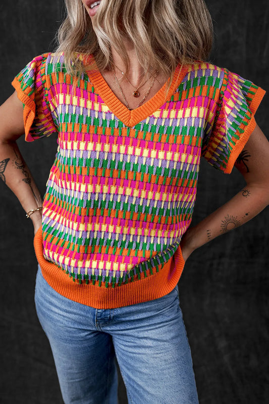 Color Pop V-Neck Cap Sleeve Knit Top - ThingsWeUseAndLove 