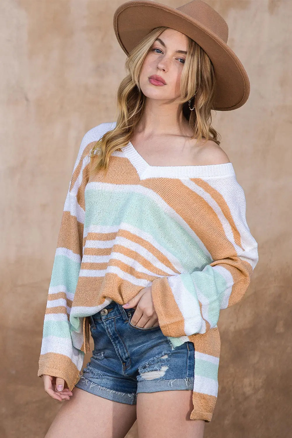 Multicolor Colorblock Stripe V Neck Split Sweater - ThingsWeUseAndLove 