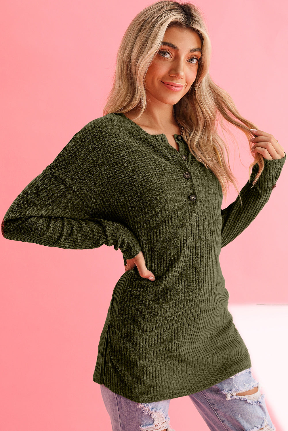 Drop Shoulder Ribbed Knit Long Sleeve Henley Top - ThingsWeUseAndLove 