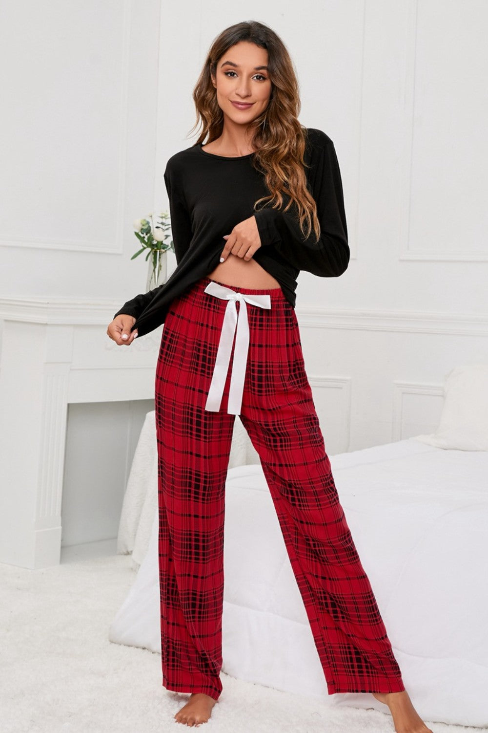 Lace Round Neck Long Sleeve Top and Bow Plaid Pants Lounge Set - ThingsWeUseAndLove Black-XL