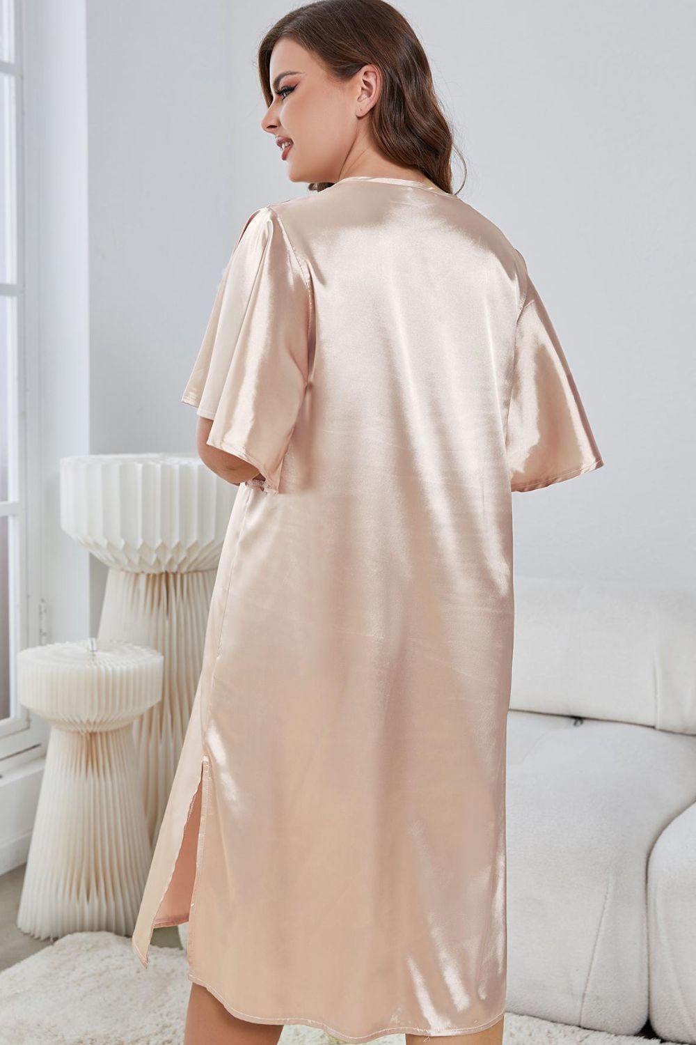 Emmie Size Inclusive  Flutter Sleeve V-Neck Side Slit Night Gown - ThingsWeUseAndLove 