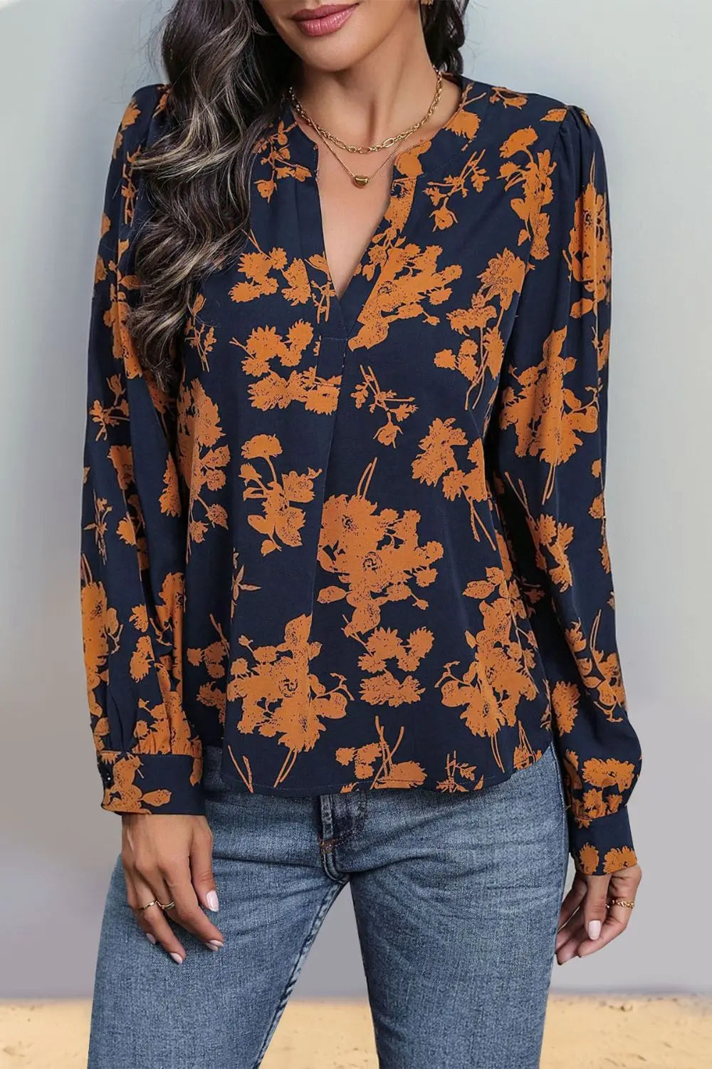 Love Printed Notched Long Sleeve Blouse - ThingsWeUseAndLove Dark-Blue-XL