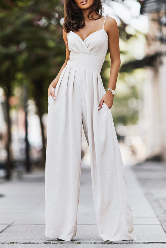 Spaghetti Straps Pleated High Waist Wide Leg Jumpsuit - ThingsWeUseAndLove Beige-XL