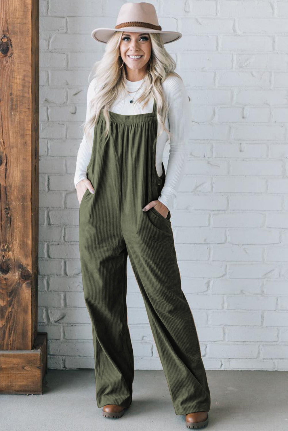 Jungle Green Plain Pocketed Loose Fit Corduroy Overalls - ThingsWeUseAndLove 