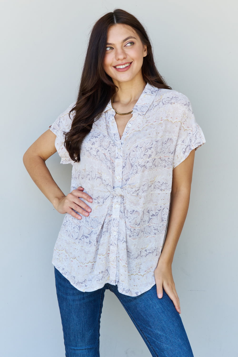 Floral Paisley Print Twist Tunic Top - ThingsWeUseAndLove Taupe-Grey-3XL