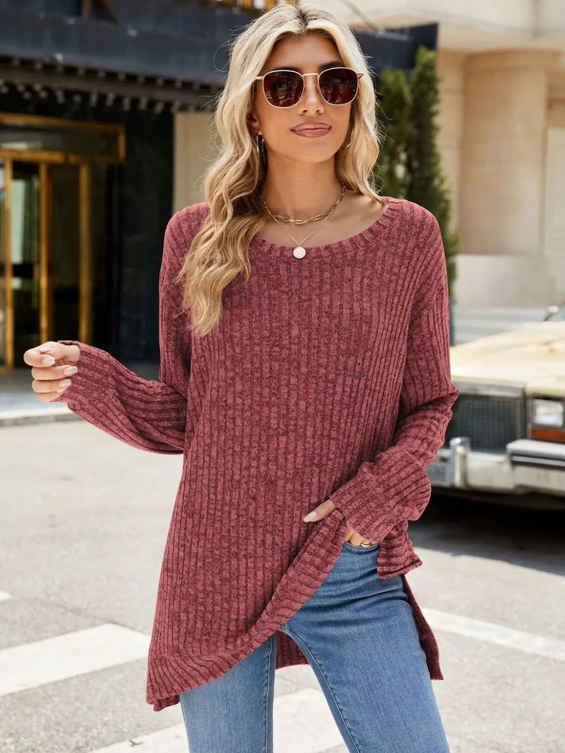 Round Neck Long Sleeve Sweater - ThingsWeUseAndLove Burgundy-2XL